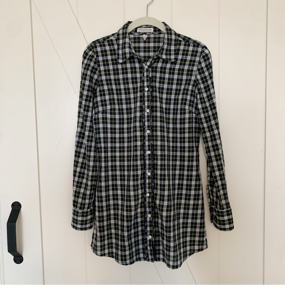 Aeropostale 100% Cotton Plaid Button Down Long Sleeve Shirt/Top Ruffle Medium
